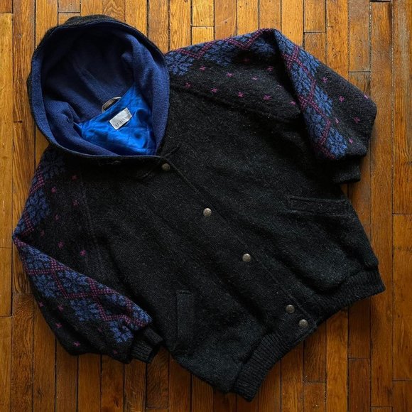 Vintage 80s Alafoss of Iceland Men Black Blue Purple 100% Wool Hooded Coat. - Picture 1 of 7